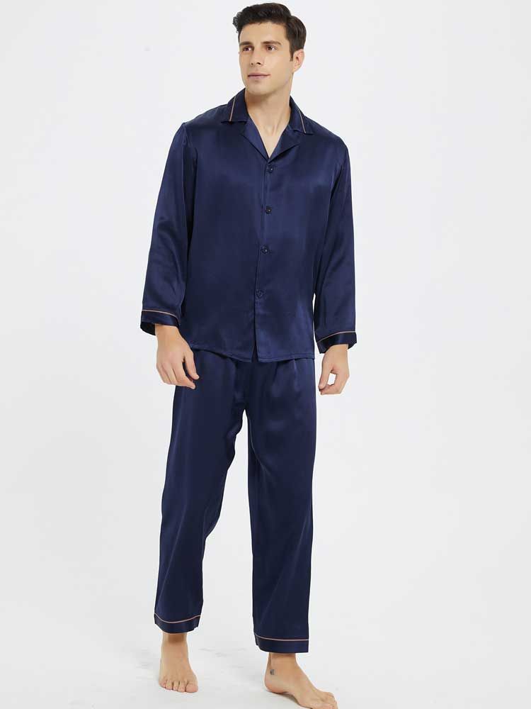 ネイビー 紺色のシルク長袖パジャマ