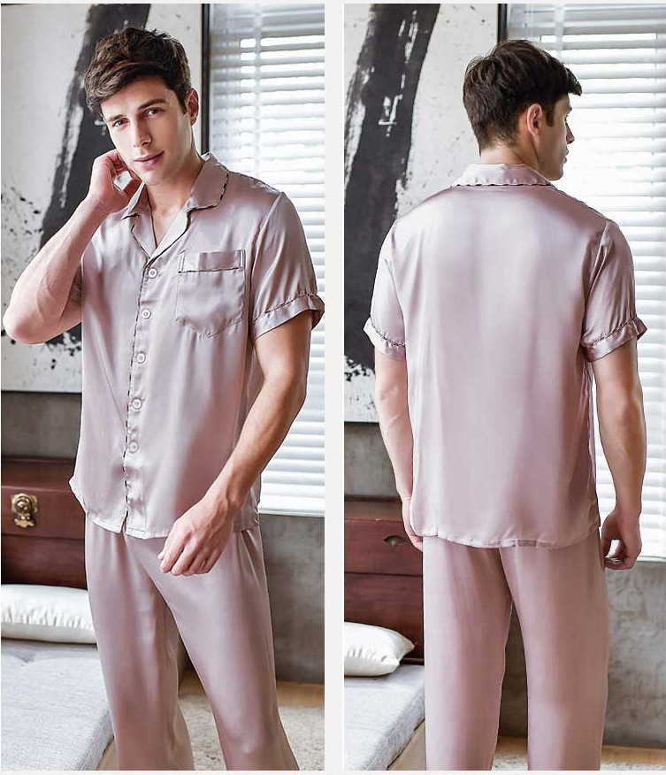 メンズ グレー色のシルク半袖パジャマ
